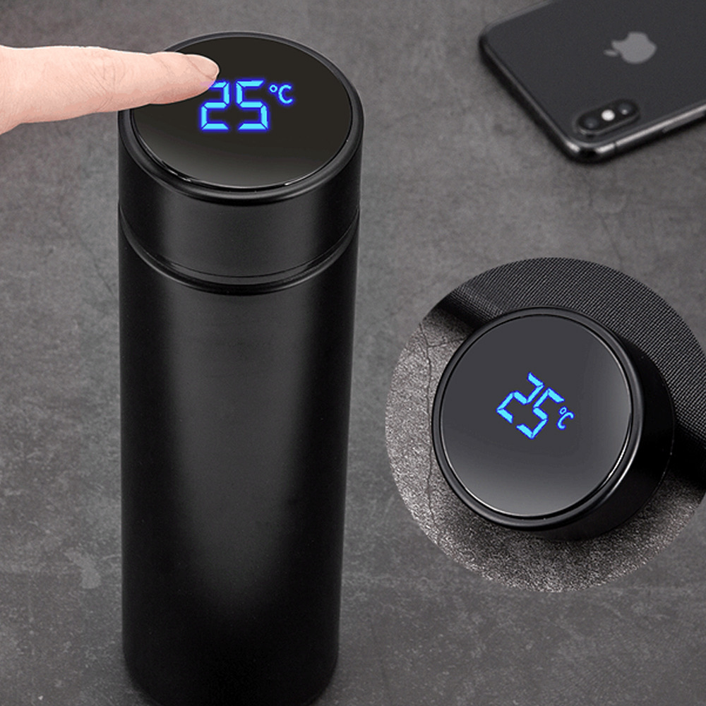 Thermos Double Stainless Steel Wall Smart Flask Vacuum Insulated Water Bottle with LED Temperature Display | Perfect for Hot and Cold Drinks | for Campaign Travelling (Black, 500 ml)
